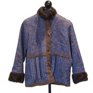 Isabella's Journey Womens Jacket Size Large Blue Brown Tapestry Faux Fur Artsy